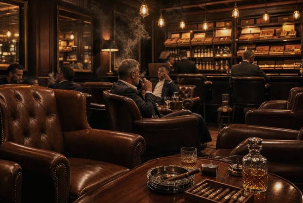Private cigar club lounge with leather chairs and premium humidor shelves